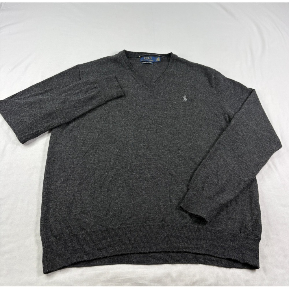 Polo Ralph Lauren Sweater Mens XL Gray Washable Merino Wool V-Neck Pullover